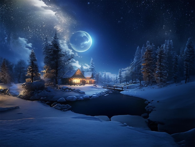 Winter sneeuw scène een huis naast de rivier bedekt met sneeuw en gloeien met maanlicht