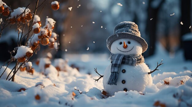 Winter Sneeuwman Close-up van schattige grappige lachende sneeuwman met wol hoed en sjaal
