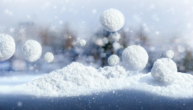 Winter snow background Blurred bokeh background Snowy winter scene with snow balls 3D illustration