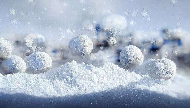 Winter snow background Blurred bokeh background Snowy winter scene with snow balls 3D illustration