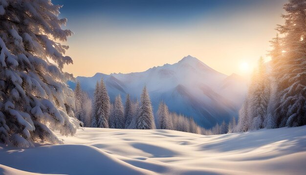 Winter snow falling mountain landscape background