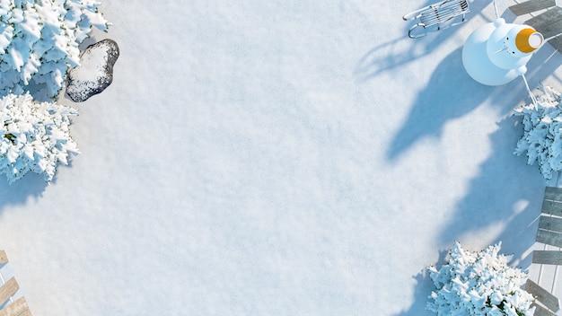 Photo winter snow field on top view with copy space on middle, 3d rendering