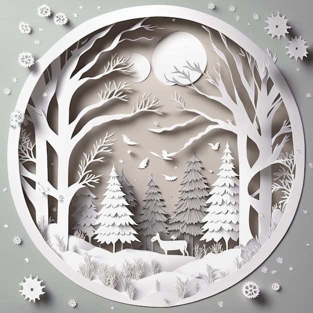 Photo winter snow forest landscape paper cut 3d illustration