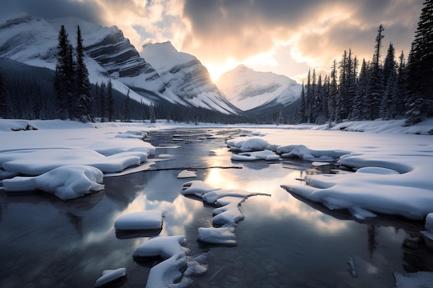 Winter snow lake at banff in the style