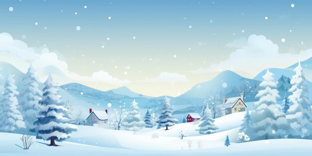 Winter snow landscape and houses on vector background with snowflakes falling