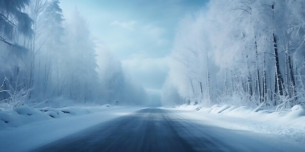 winter snow landscape road in the snowy forest