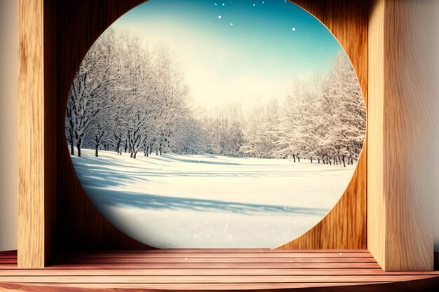 Winter snow landscape with wooden table in front