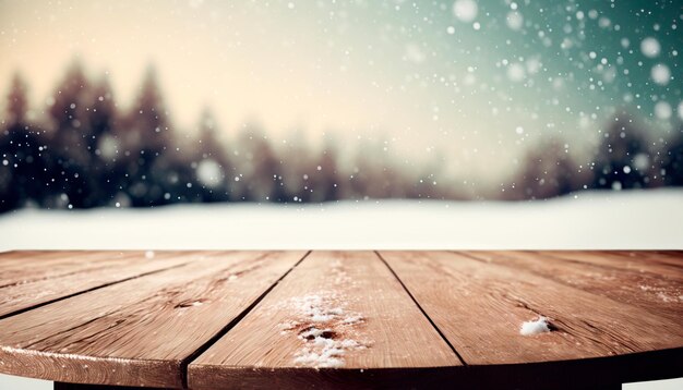 Winter snow landscape with wooden table in front