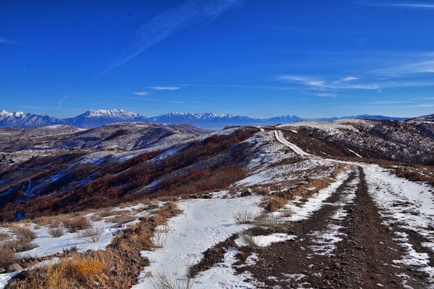 Winter snow mountain hiking trail views yellow fork park rose canyon copper mine salt lake city utah