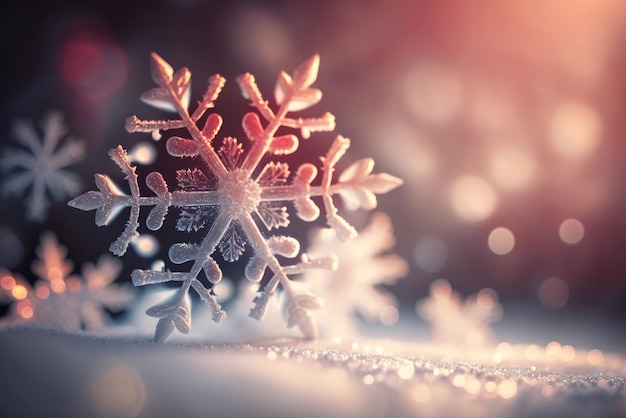 Winter snow nature background Close up large snowflake in the sunset light