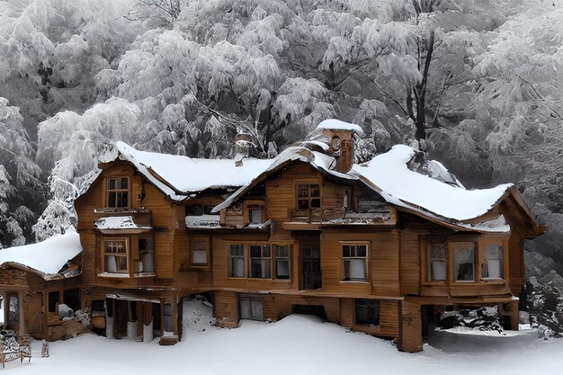 Photo winter snow scene a house next to the river under the snow mountain thick snow covered the roof