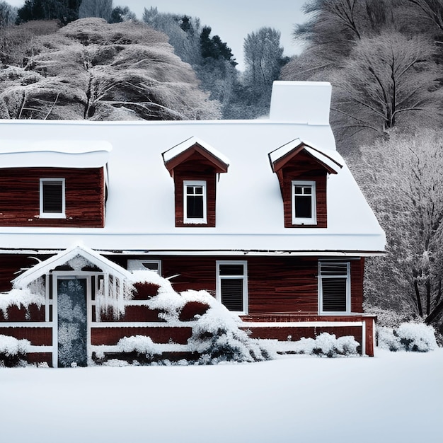 Foto scena di neve invernale una casa vicino al fiume sotto la neve spessa montagna di neve che copre il tetto