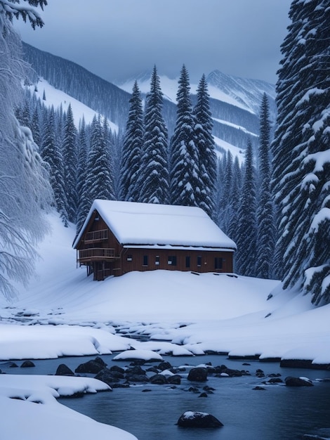 冬の雪景色、川の隣の家