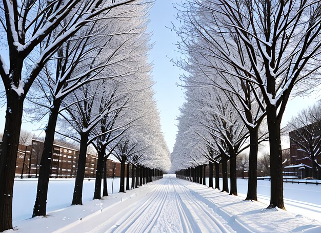 Photo winter snow trees park road perspective white alley tree rows