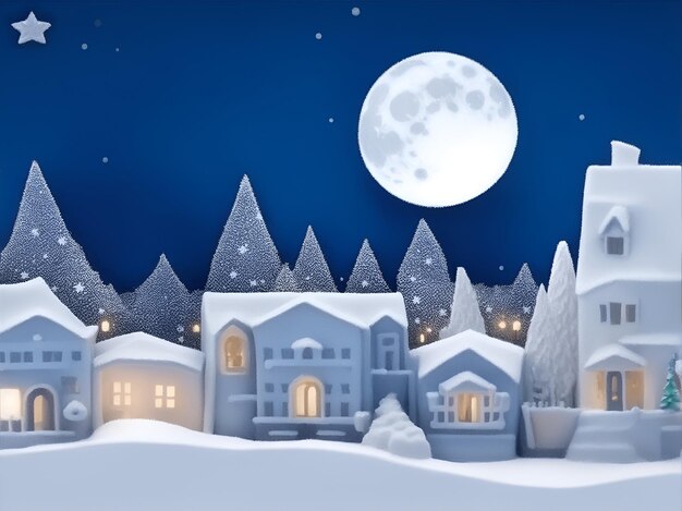 Winter Snow Urban Countryside Landscape City Village with full moon Generative AI