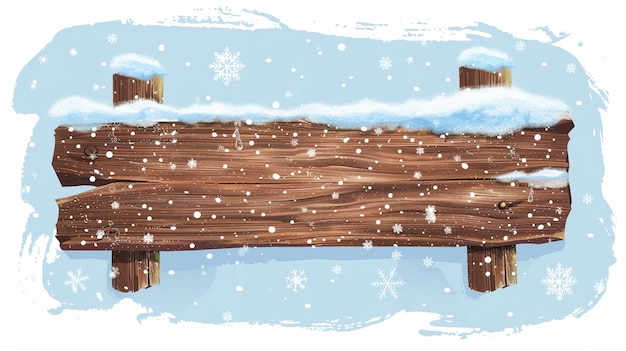 コピースペースの木製の看板に冬の雪が降る