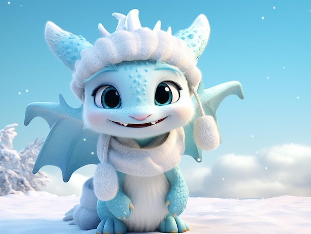 Winter snowing super cute cartoon dragon on Christmas background generated ia