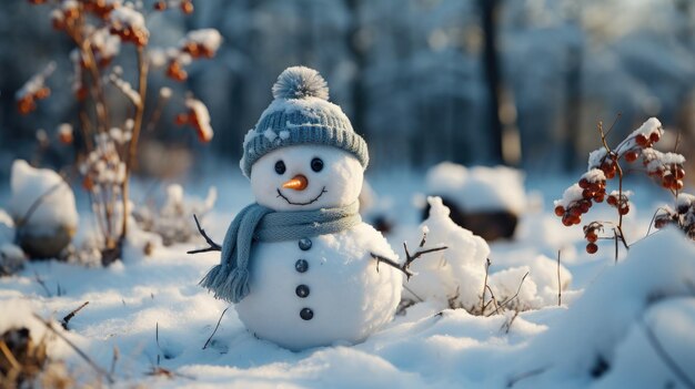 Winter Snowman Closeup of cute funny laughing snowman with wool hat and scarf