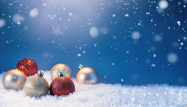 Winter snowy background with christmas toys snowdrifts beautiful light and snow flakes red balls