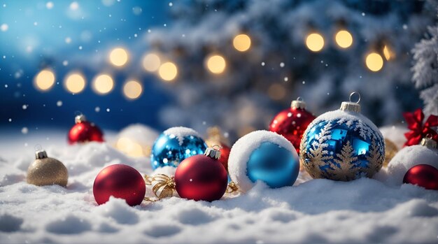 Winter snowy background with Christmas toys snowdrifts with beautiful light and snow flakes