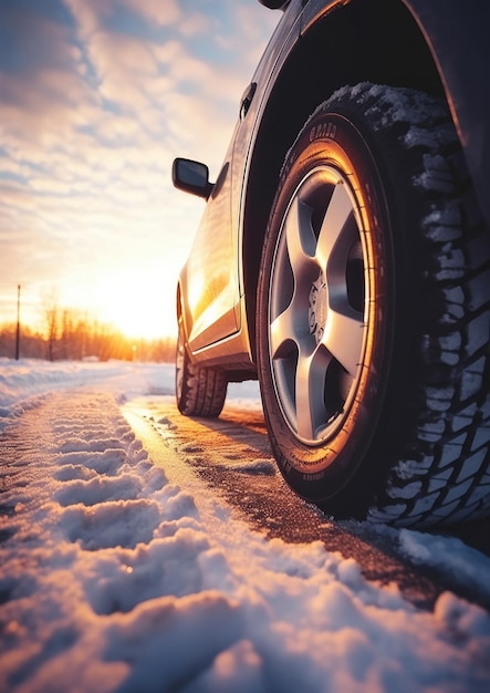 Фото Зимние заснеженные автомобильные шины в снежный зимний сезон на мокрой дороге generative ai