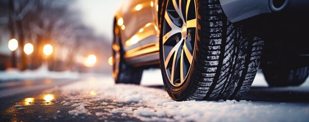 Winter snowy car tires in the snowing winter season on wet road banner panorama Generative Ai