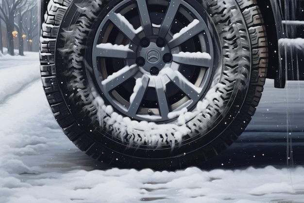 Winter snowy car tires in the snowing winter season on wet road Generative Ai