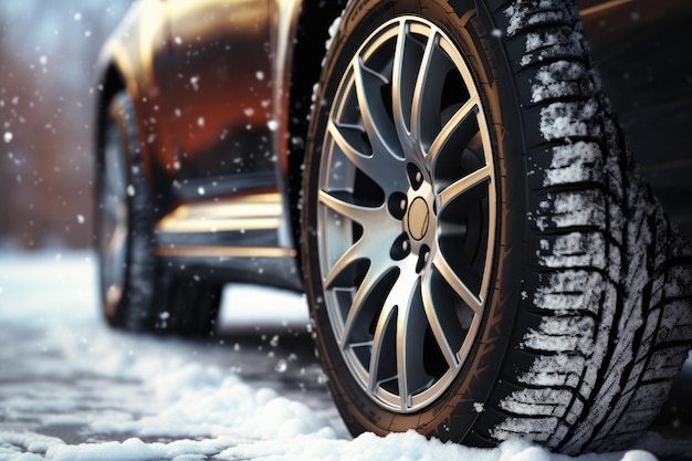 濡れた道路で雪の降る冬の季節に冬の雪に覆われた車のタイヤジェネレーティブ Ai