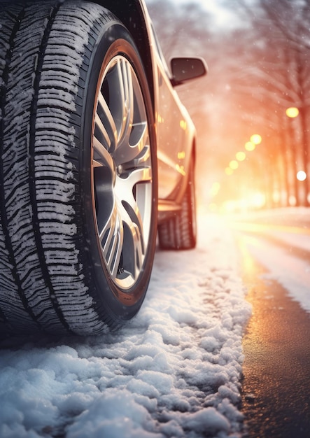 濡れた道路で雪の降る冬の季節に冬の雪に覆われた車のタイヤジェネレーティブ Ai