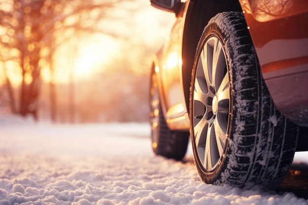 Winter snowy car tires in the snowing winter season on wet road Generative Ai