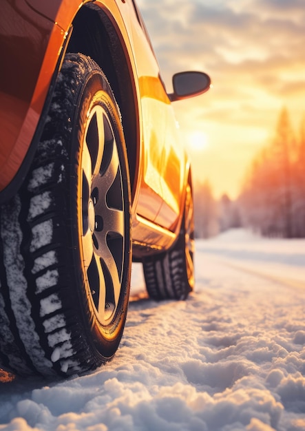 Winter snowy car tires in the snowing winter season on wet road Generative Ai