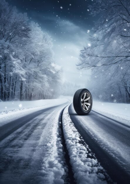 Winter snowy car tires in the snowing winter season on wet road generative ai