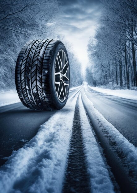 Winter snowy car tires in the snowing winter season on wet road Generative Ai