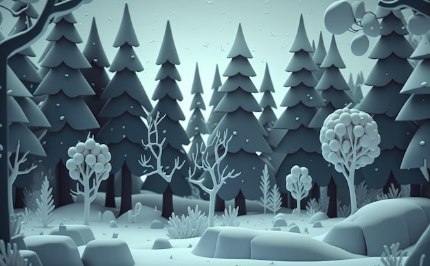 A winter snowy forest cartoon background illustrations for kids cartoon style ai generated