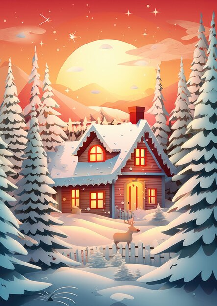 Winter snowy landscape illustration christmas greeting card Generative Ai