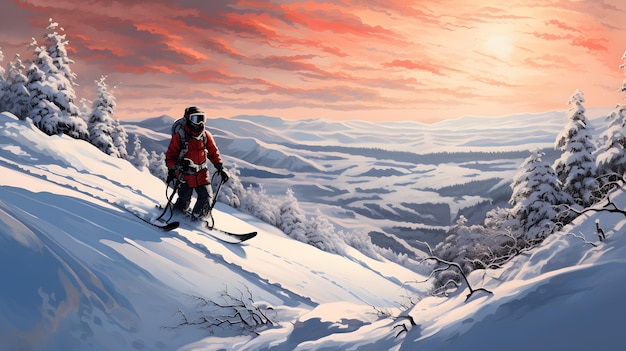 Winter snowy landscape with free rider