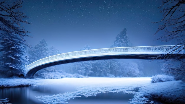 Winter snowy park The bridge over the frozen river ice trees Frosty sunset 3D illustration