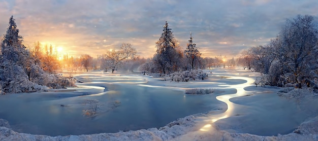 Photo winter snowy park frosty sunset  3d rendering. raster illustration.