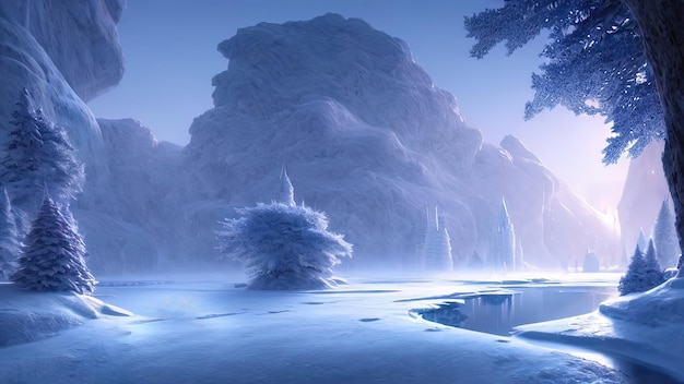 Winter snowy park Trees in the snow a frozen river snowdrifts and ice Fantasy winter landscape Frosty sunset 3D illustration