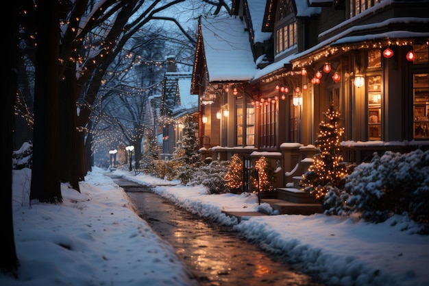 Winter snowy small cozy street with lights in houses falling snow night town