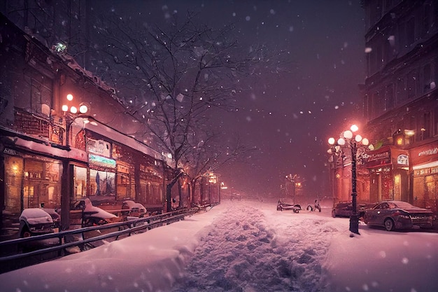 Winter snowy small cozy street with lights in houses, falling snow town night landscape.