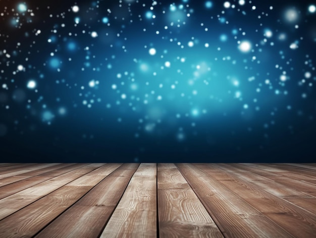 Winter snowy stage background with wooden flooring and Christmas lights on blue background banner