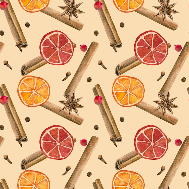 Winter spices. Cinnamon roll, oranges, star anise, clove, pepper. Seamless pattern. Hand drawn watercolor illustration.