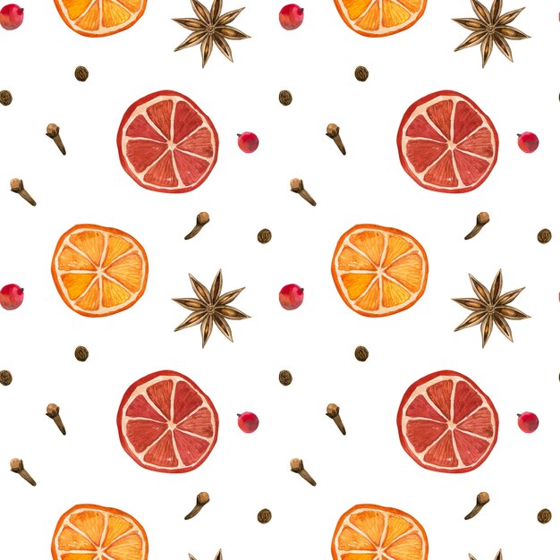 Winter spices. Oranges, star anise, clove, pepper. Seamless pattern. Hand drawn watercolor illustration.