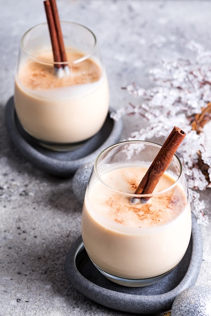 Winter spicy hot drink eggnog in a glasses with cinamon in stone plate, ice frost branches on light stone table