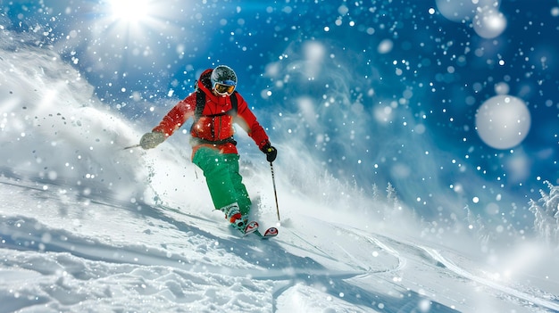 Winter Sports Enthusiast Speeding Downhill on Skis Amidst Fresh Powder Snow Dynamic Action Shot of Skiing Adventure Perfect for Holiday and Sports Themes AI