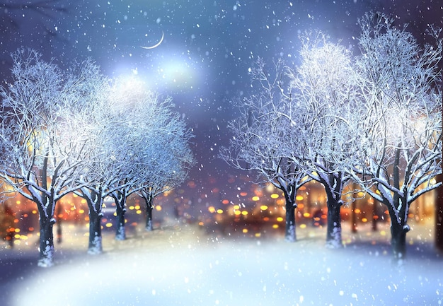 Winter stadspark avond wazig licht bomen vallende sneeuw natuur landschap