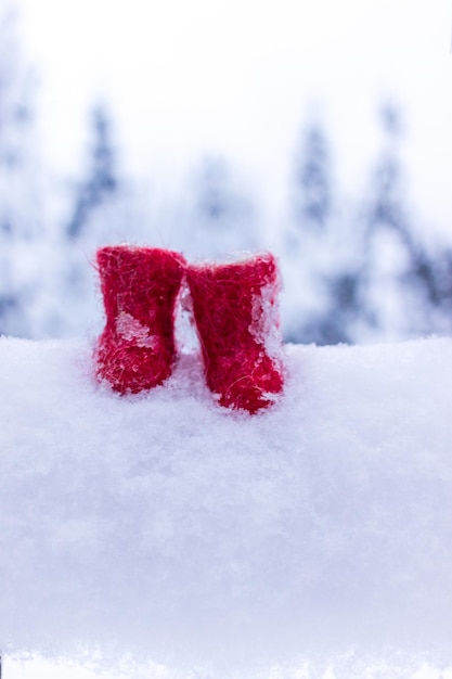 写真 冬の静物雪の上の小さな赤いブーツ