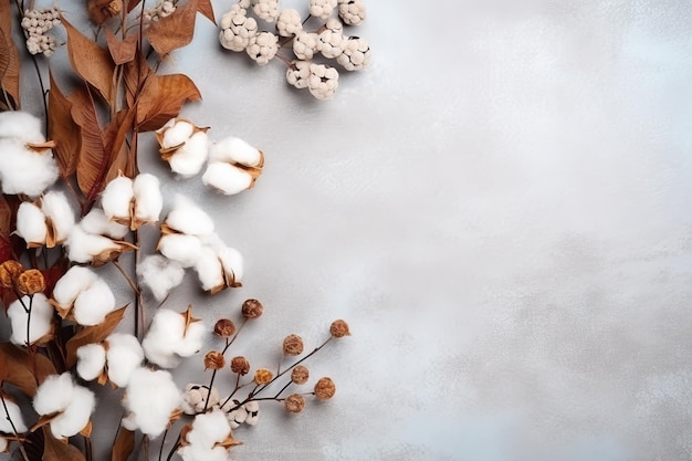 Winter still life with dried leaves cotton flowers berries and pine cones on a gray background Illus