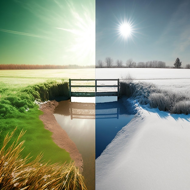 Photo winter and summer landscape on one frame half of frame is winter with snow other half is summer